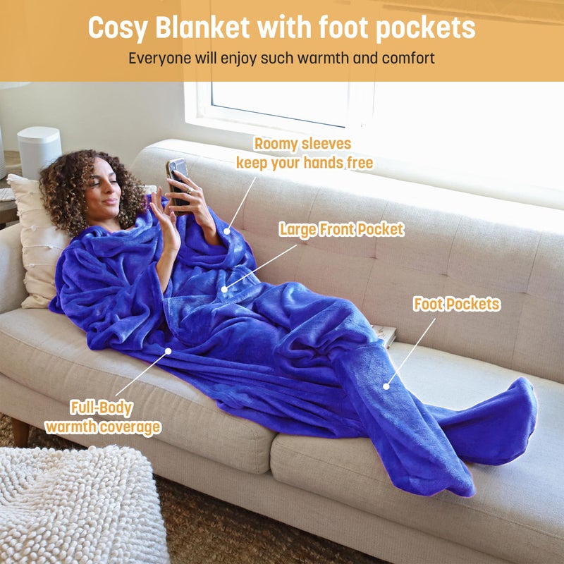 Catalonia Wearable Fleece Blanket with Sleeves and Foot Pockets for Adult Women Men, Micro Plush Comfy Wrap Sleeved Throw Blanket Robe Large, Blue - Image 2